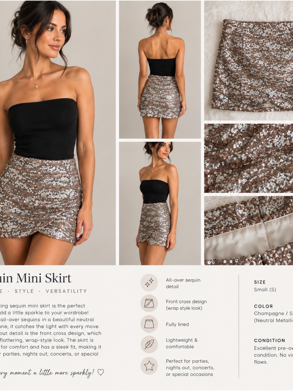 Champagne Sequin Mini Skirt - Women
